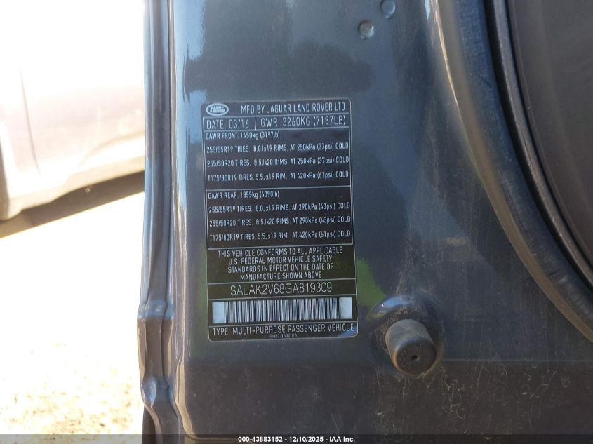 2016 Land Rover Lr4 VIN: SALAK2V68GA819309 Lot: 43883152