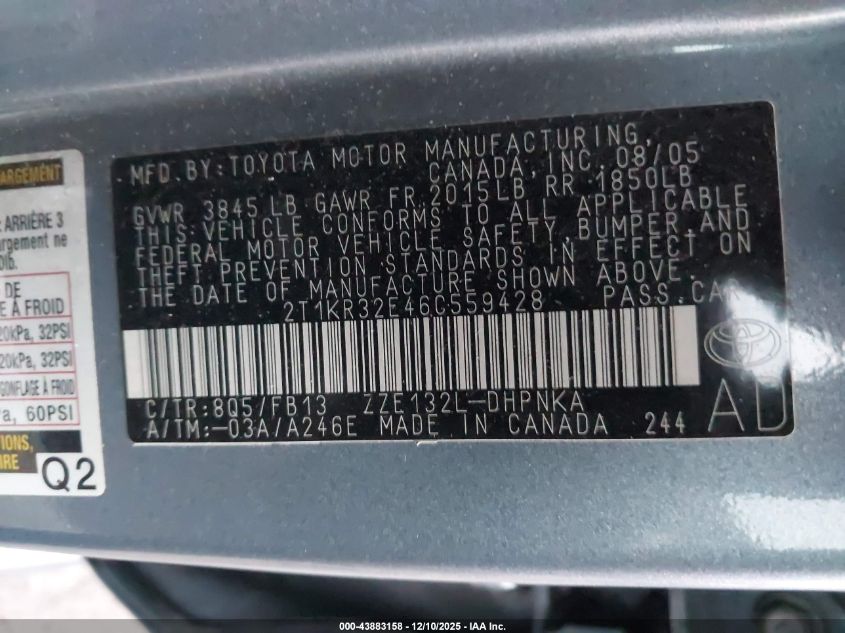 2006 Toyota Matrix Xr VIN: 2T1KR32E46C559428 Lot: 43883158