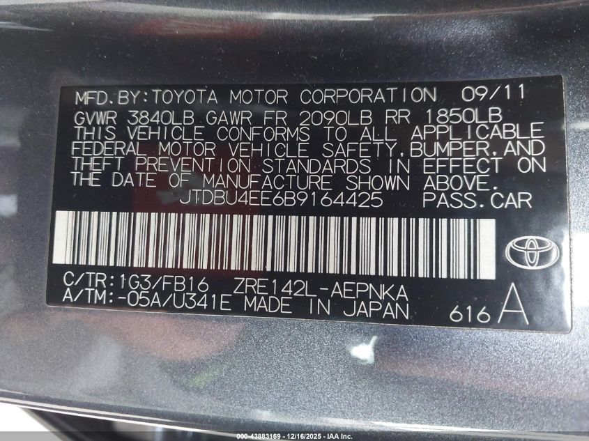 2011 Toyota Corolla Le VIN: JTDBU4EE6B9164425 Lot: 43883169