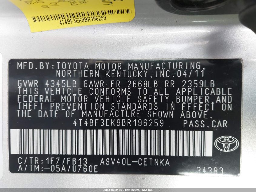 2011 Toyota Camry Le VIN: 4T4BF3EK9BR196259 Lot: 43883176