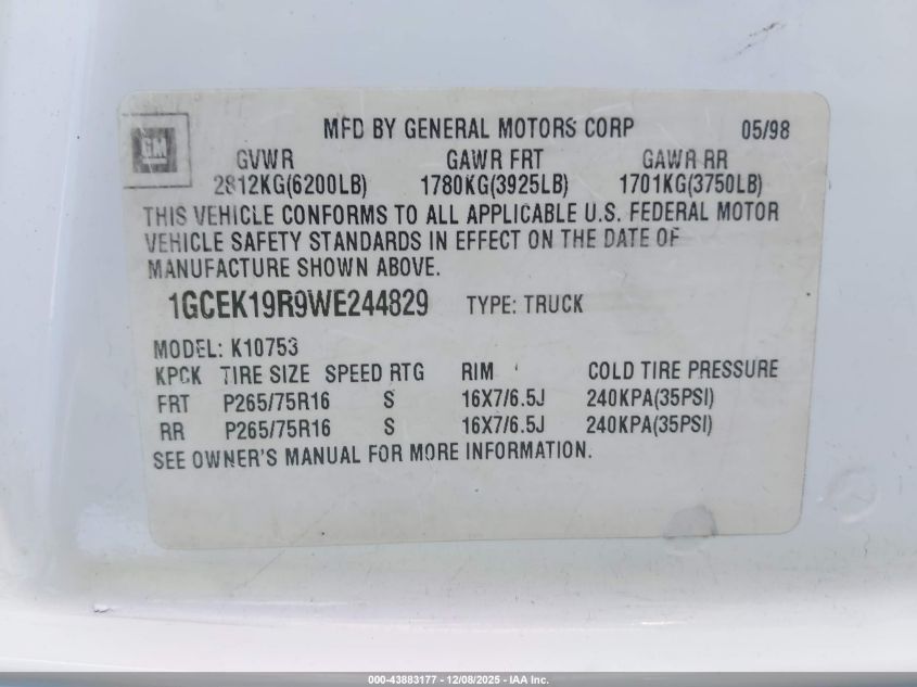 1998 Chevrolet K1500 Fleetside VIN: 1GCEK19R9WE244829 Lot: 43883177