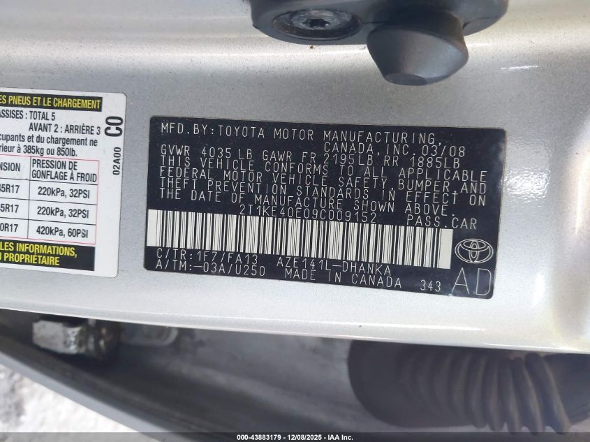 2009 Toyota Matrix S VIN: 2T1KE40E09C009152 Lot: 43883179