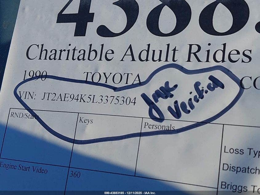 1990 Toyota Corolla Dlx VIN: JT2AE94K5L3375304 Lot: 43883185