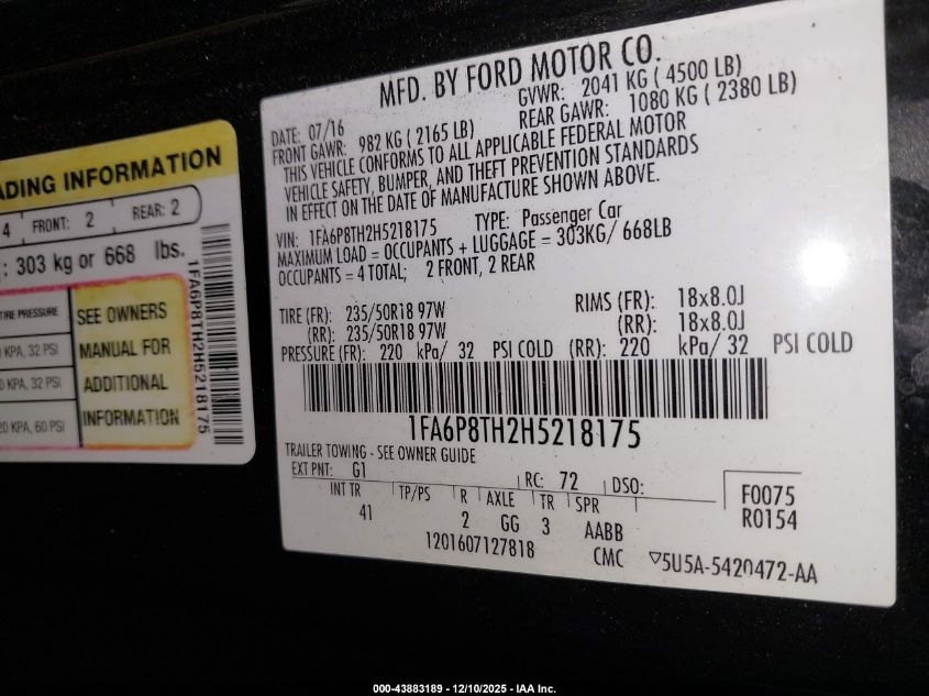 2017 Ford Mustang Ecoboost VIN: 1FA6P8TH2H5218175 Lot: 43883189