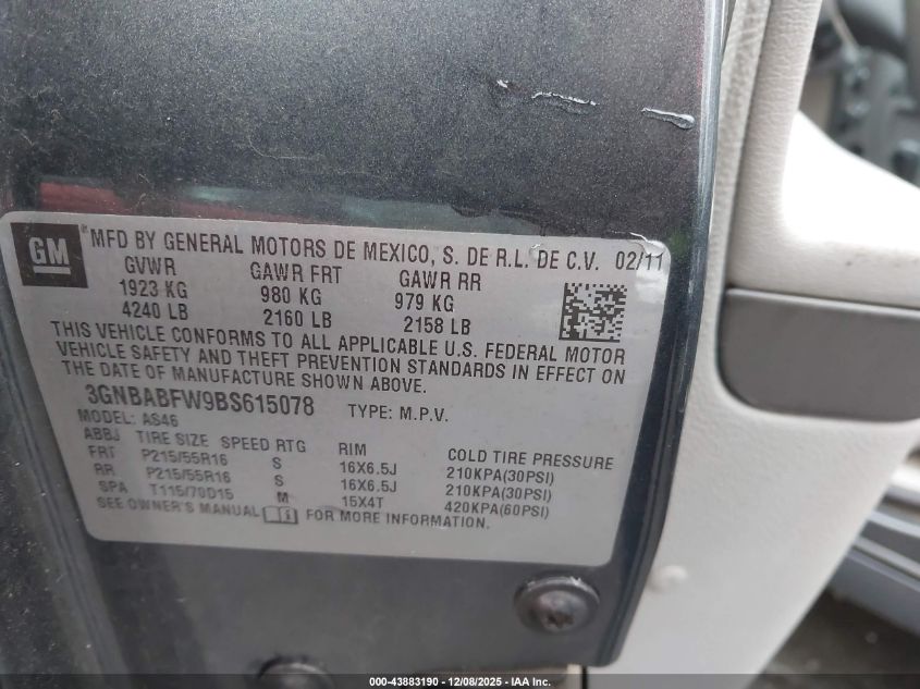 2011 Chevrolet Hhr Lt VIN: 3GNBABFW9BS615078 Lot: 43883190