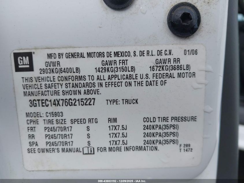 2006 GMC Sierra 1500 Work Truck VIN: 3GTEC14X76G215227 Lot: 43883192