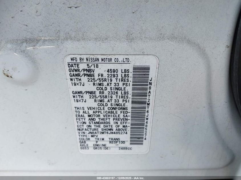 2018 Nissan Rogue Sl VIN: JN8AT2MT6JW485274 Lot: 43883197