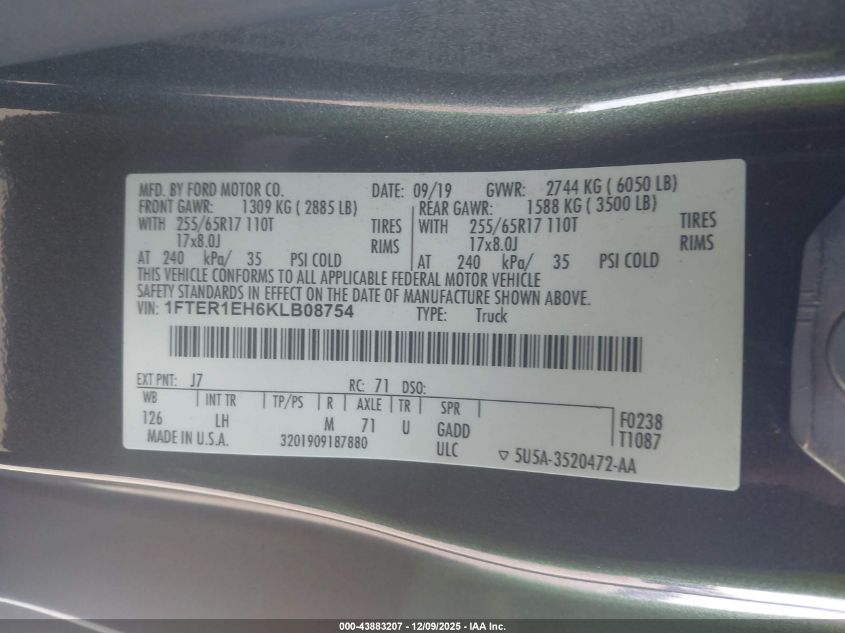 2019 Ford Ranger Xlt VIN: 1FTER1EH6KLB08754 Lot: 43883207