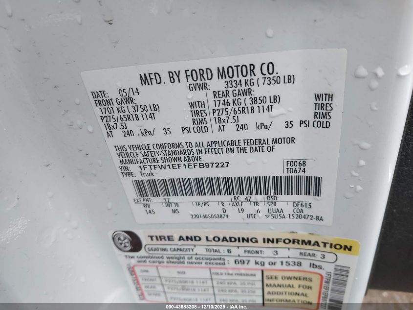 2014 Ford F-150 Xlt VIN: 1FTFW1EF1EFB97227 Lot: 43883208