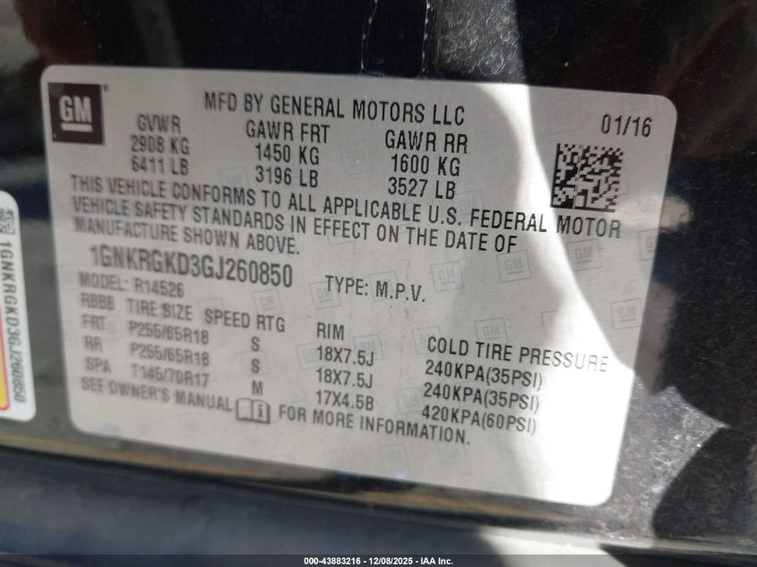 2016 Chevrolet Traverse 1Lt VIN: 1GNKRGKD3GJ260850 Lot: 43883216