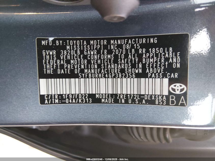 2016 Toyota Corolla S Plus VIN: 5YFBURHE4GP382356 Lot: 43883248