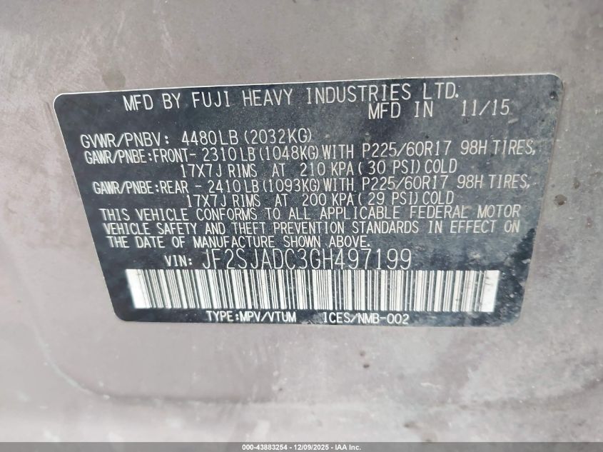 2016 Subaru Forester 2.5I Premium VIN: JF2SJADC3GH497199 Lot: 43883254