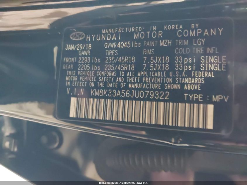 2018 Hyundai Kona Limited VIN: KM8K33A56JU079322 Lot: 43883253