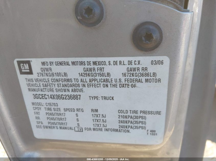 2006 Chevrolet Silverado 1500 Work Truck VIN: 3GCEC14X06G236887 Lot: 43883255