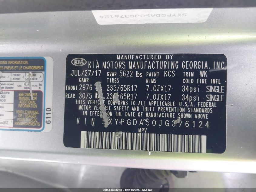 2018 Kia Sorento 3.3L Lx VIN: 5XYPGDA50JG376124 Lot: 43883258