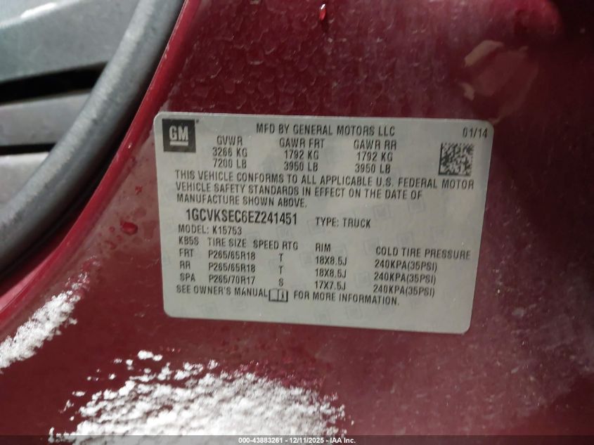 2014 Chevrolet Silverado 1500 2Lz VIN: 1GCVKSEC6EZ241451 Lot: 43883261