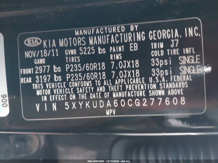 2012 Kia Sorento Ex VIN: 5XYKUDA60CG277608 Lot: 43883269