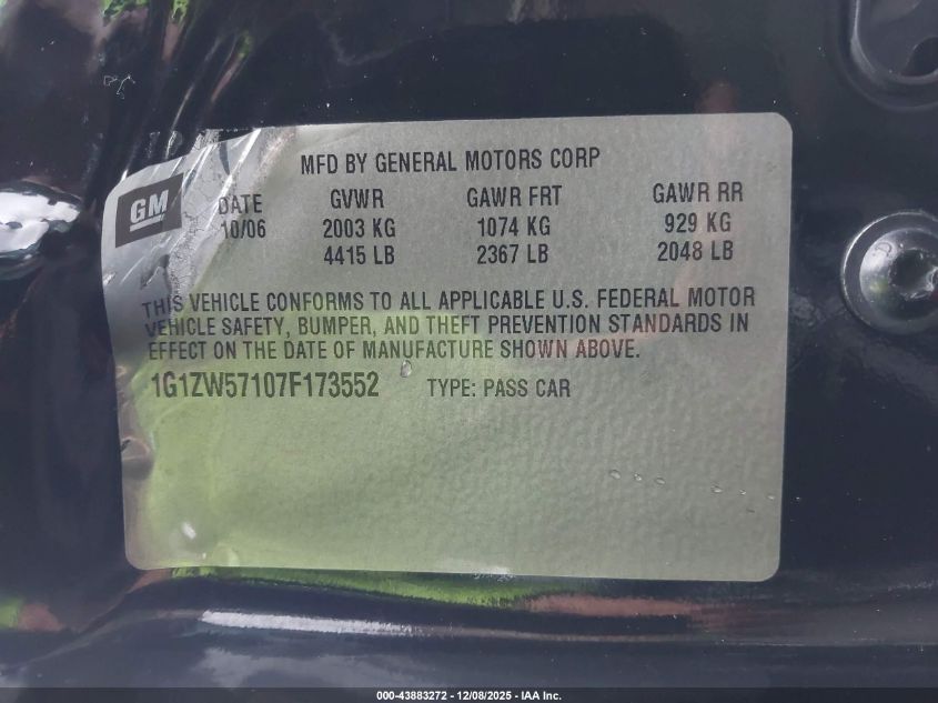 2007 Chevrolet Malibu Ss VIN: 1G1ZW57107F173552 Lot: 43883272
