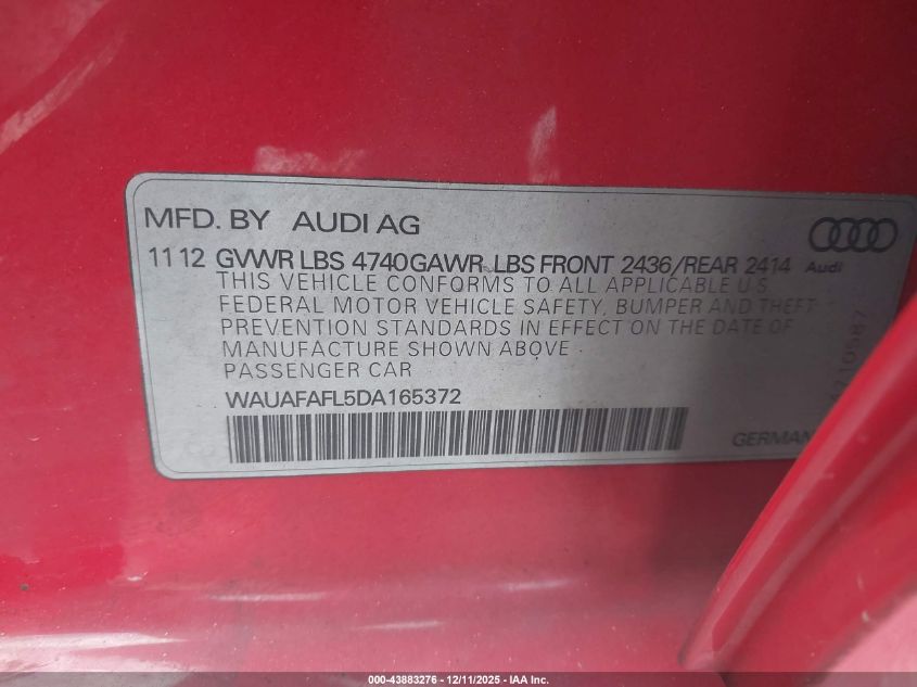 2013 Audi A4 2.0T Premium VIN: WAUAFAFL5DA165372 Lot: 43883276