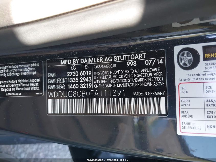 2015 Mercedes-Benz S 550 VIN: WDDUG8CB0FA111391 Lot: 43883282