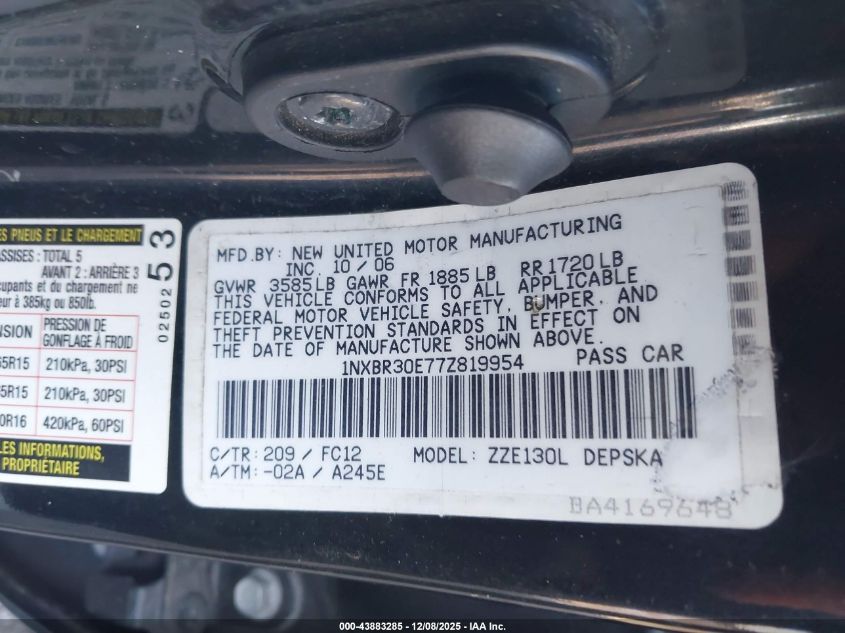 2007 Toyota Corolla S VIN: 1NXBR30E77Z819954 Lot: 43883285