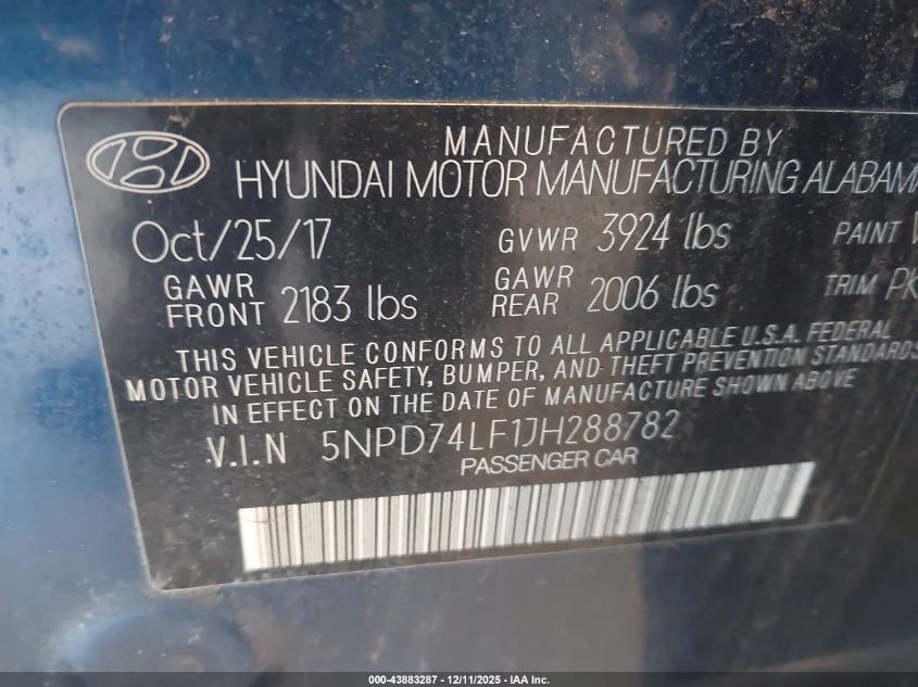 2018 Hyundai Elantra Se VIN: 5NPD74LF1JH288782 Lot: 43883287