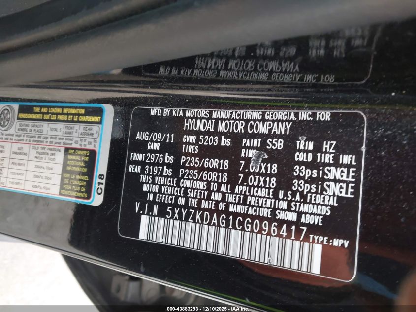 2012 Hyundai Santa Fe Limited V6 VIN: 5XYZKDAG1CG096417 Lot: 43883293