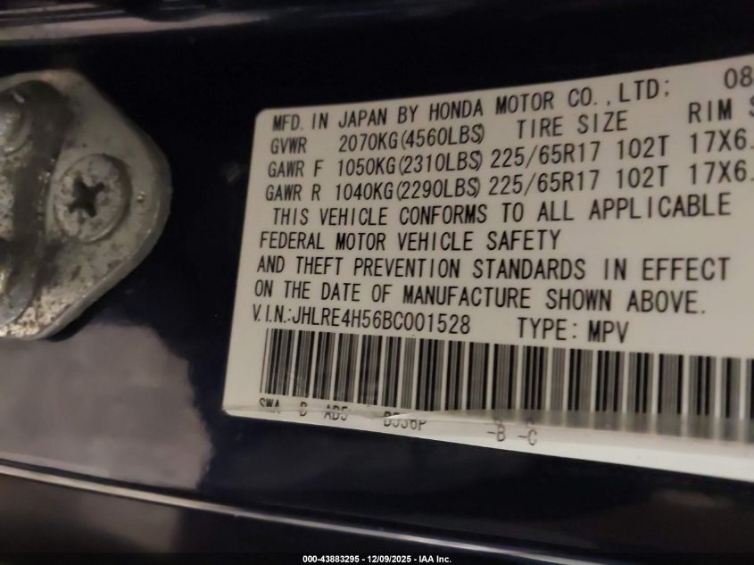 2011 Honda Cr-V Ex VIN: JHLRE4H56BC001528 Lot: 43883295