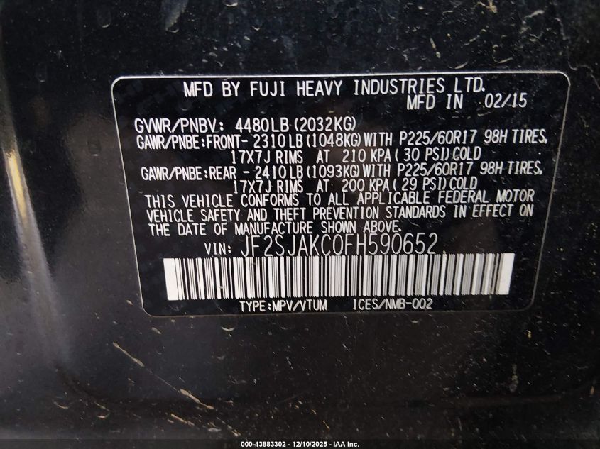 2015 Subaru Forester 2.5I Limited VIN: JF2SJAKC0FH590652 Lot: 43883302