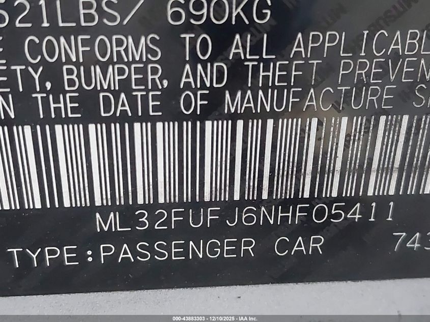 2022 Mitsubishi Mirage G4 Black Edition/Es/Le VIN: ML32FUFJ6NHF05411 Lot: 43883303