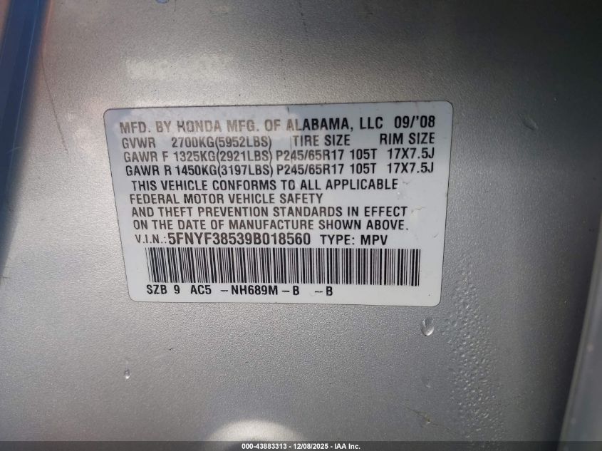 2009 Honda Pilot Ex-L VIN: 5FNYF38539B018560 Lot: 43883313