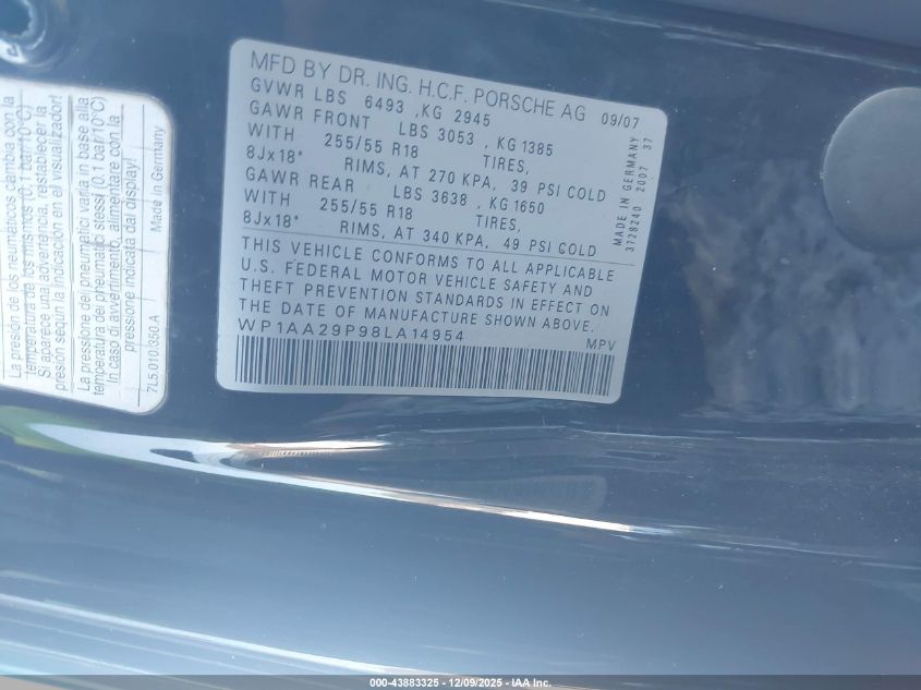 2008 Porsche Cayenne VIN: WP1AA29P98LA14954 Lot: 43883325