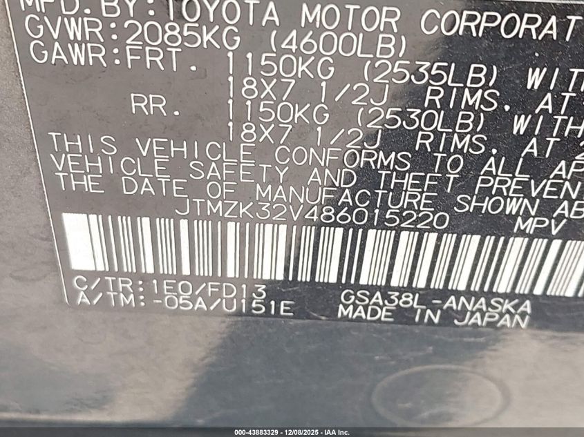 2008 Toyota Rav4 Sport V6 VIN: JTMZK32V486015220 Lot: 43883329