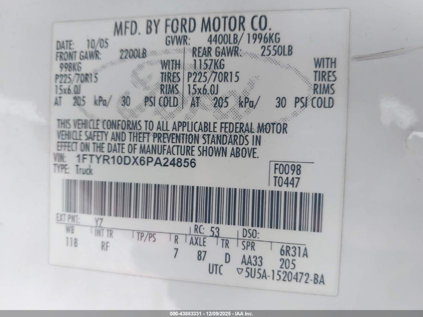 2006 Ford Ranger Xl/Xlt VIN: 1FTYR10DX6PA24856 Lot: 43883331