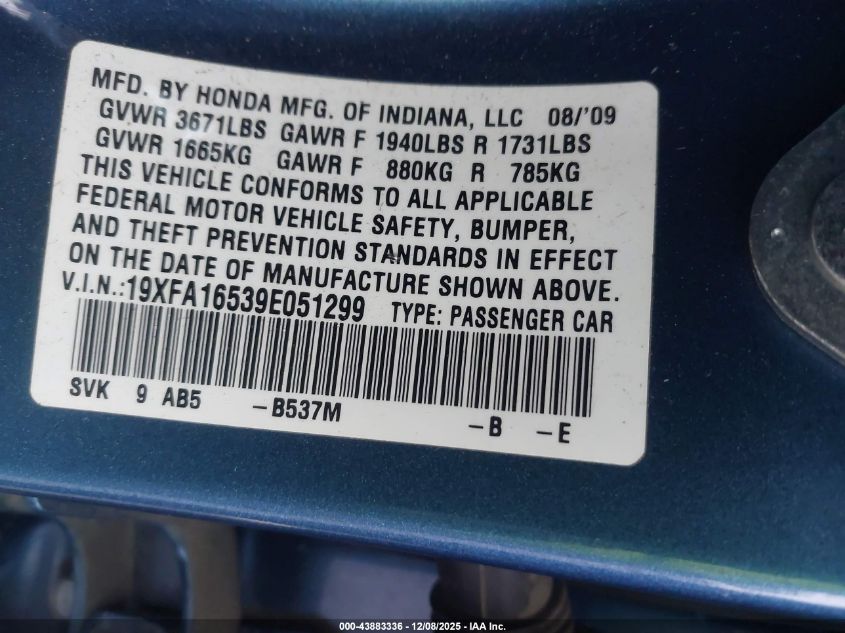 2009 Honda Civic Lx VIN: 19XFA16539E051299 Lot: 43883336