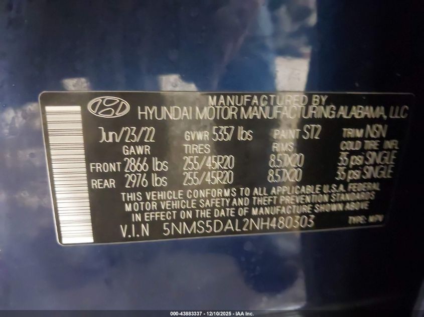 2022 Hyundai Santa Fe Calligraphy VIN: 5NMS5DAL2NH480303 Lot: 43883337