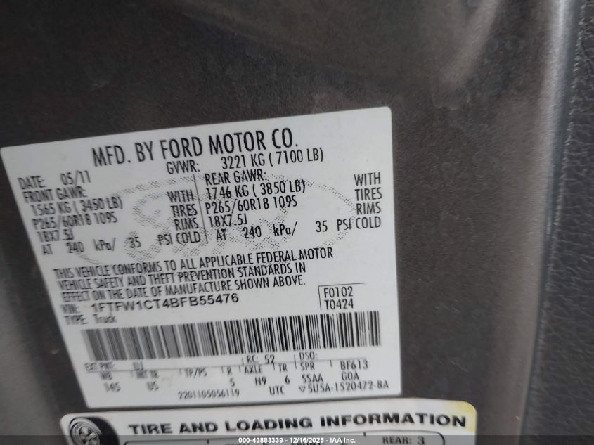 2011 Ford F-150 Xlt VIN: 1FTFW1CT4BFB55476 Lot: 43883339