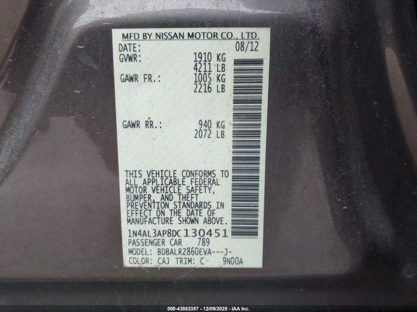 2013 Nissan Altima 2.5 S VIN: 1N4AL3AP8DC130451 Lot: 43883357