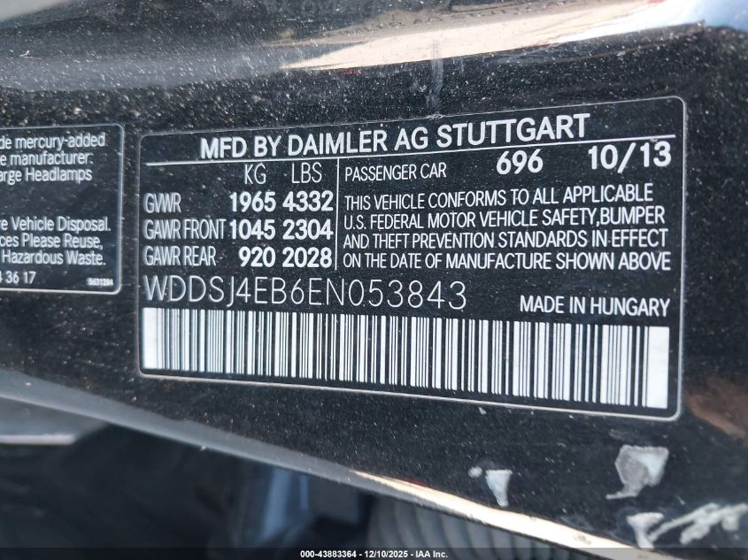 2014 Mercedes-Benz Cla 250 VIN: WDDSJ4EB6EN053843 Lot: 43883364