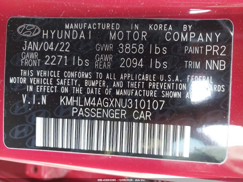 2022 Hyundai Elantra Sel VIN: KMHLM4AGXNU310107 Lot: 43883365