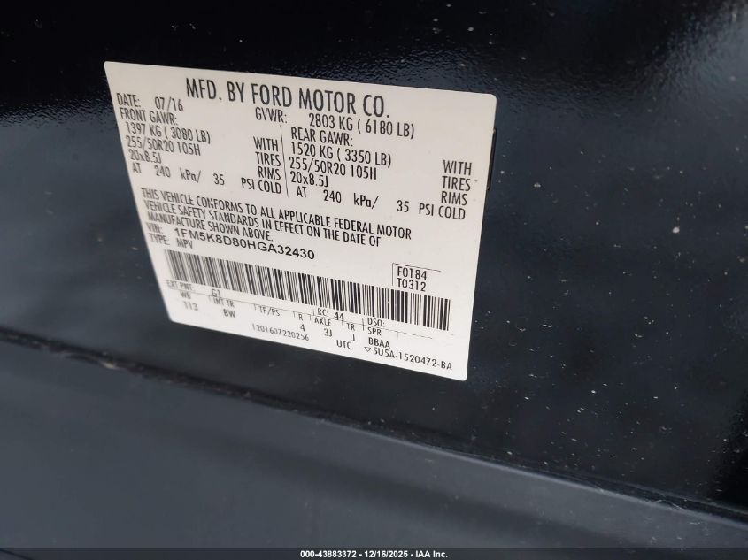 2017 Ford Explorer Xlt VIN: 1FM5K8D80HGA32430 Lot: 43883372