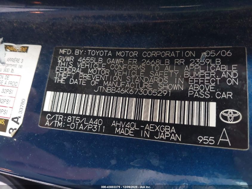 2007 Toyota Camry Hybrid VIN: JTNBB46K673005291 Lot: 43883379