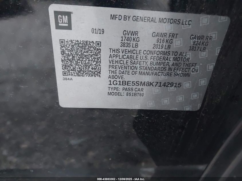 2019 Chevrolet Cruze Lt VIN: 1G1BE5SM8K7142915 Lot: 43883382