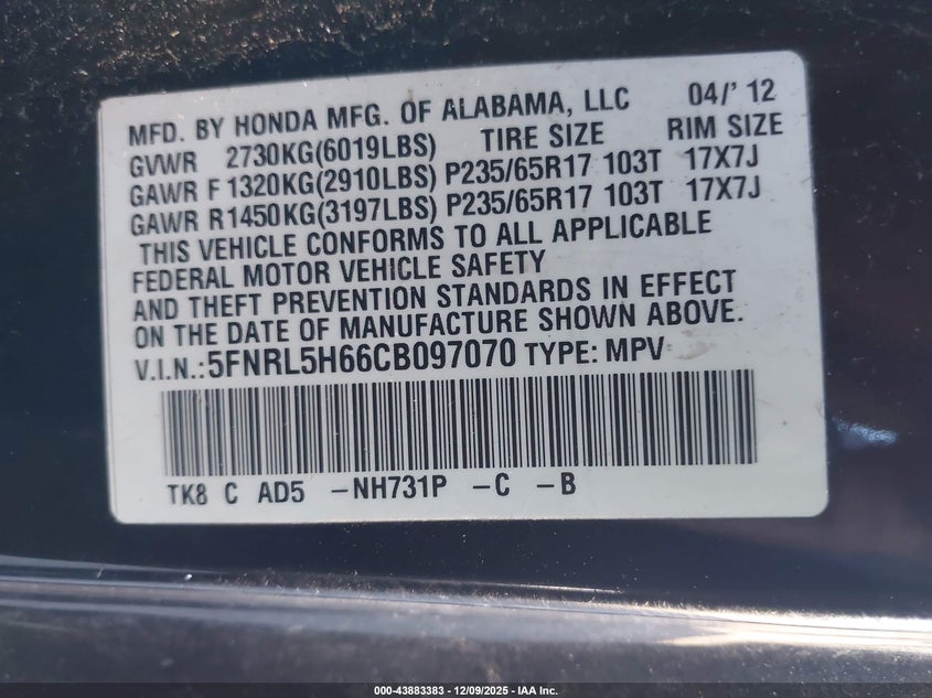 5FNRL5H66CB097070 2012 HONDA ODYSSEY photo no. 9