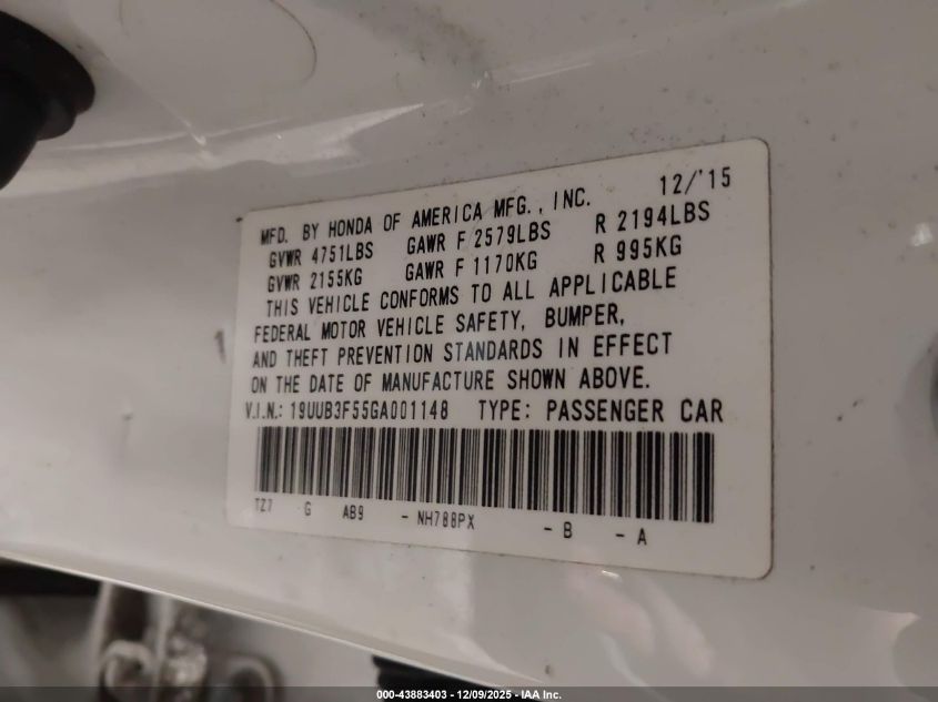 2016 Acura Tlx V6 Tech VIN: 19UUB3F55GA001148 Lot: 43883403