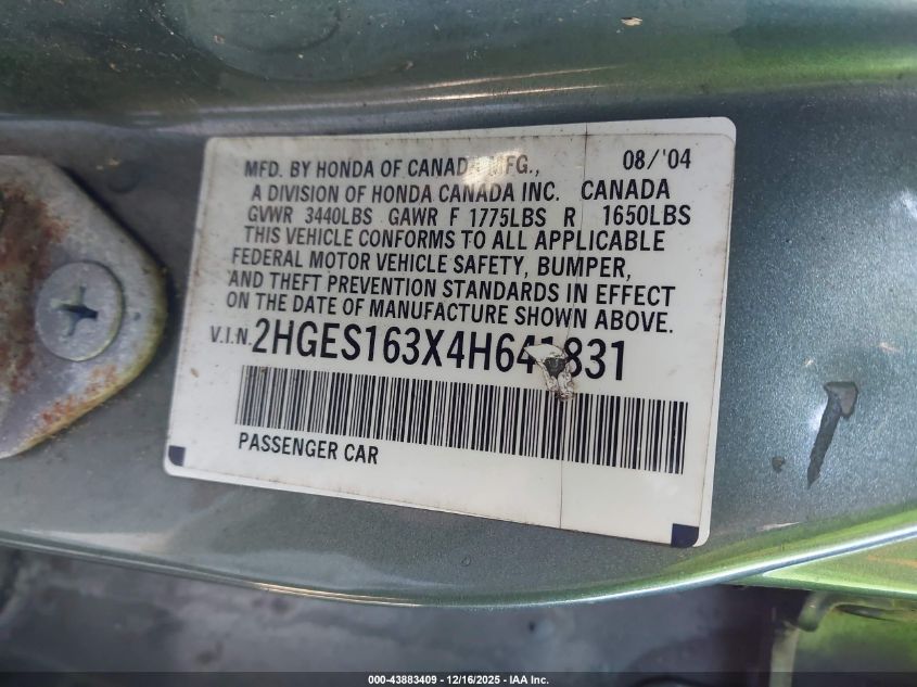 2004 Honda Civic Vp VIN: 2HGES163X4H641831 Lot: 43883409