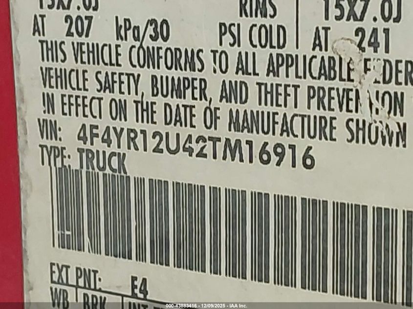 2002 Mazda B3000 Ds VIN: 4F4YR12U42TM16916 Lot: 43883416