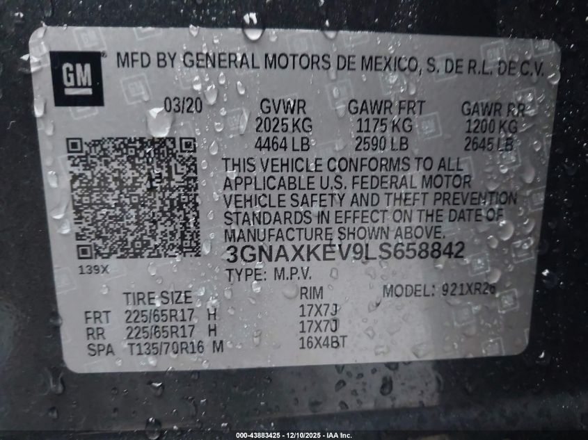 2020 Chevrolet Equinox Fwd Lt 1.5L Turbo VIN: 3GNAXKEV9LS658842 Lot: 43883425