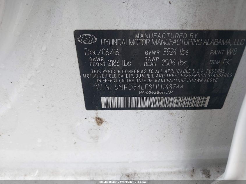 2017 Hyundai Elantra Se VIN: 5NPD84LF8HH168744 Lot: 43883435