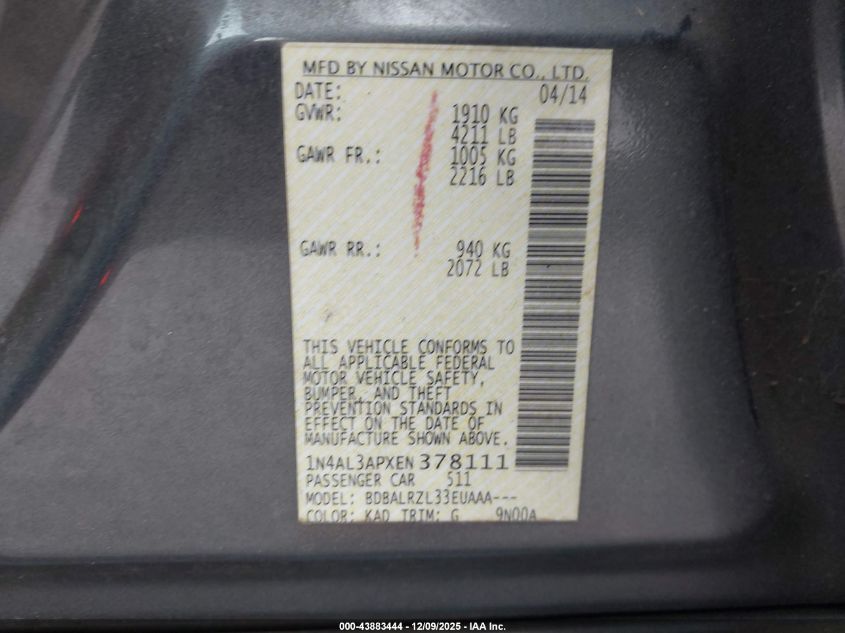 2014 Nissan Altima 2.5/2.5 S/2.5 Sl/2.5 Sv VIN: 1N4AL3APXEN378111 Lot: 43883444